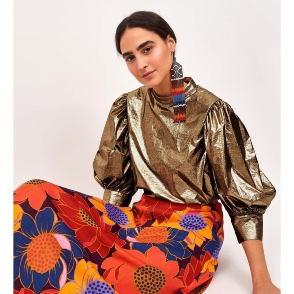 FARM Rio Copper Metallic Blouse Puff Sleeve High Neck Top M